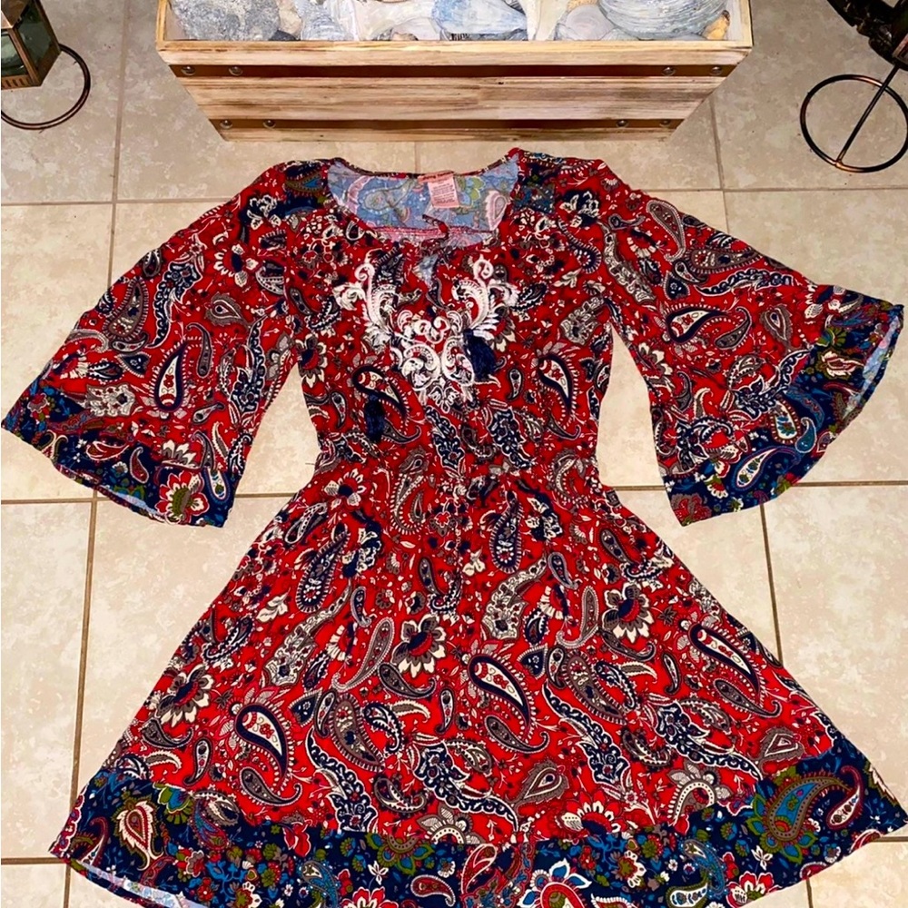 Flying Tomato Women’s Colorful Embroidery Dress Adjustable Waist Small/S (4-6)
